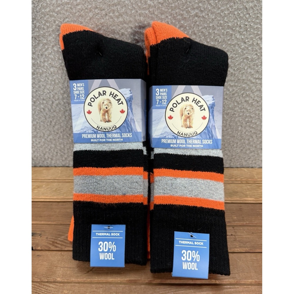 Polar Heat Socks Mens 7-12 Black Orange Thermal Socks Wool Blend 6 Pairs NEW